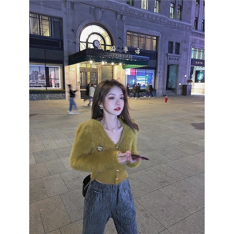 Mink Velvet Sweater Women's Coat Autumn and Winter New Fashionable All-match Short Top Cardigan Collar Knitted Sweater