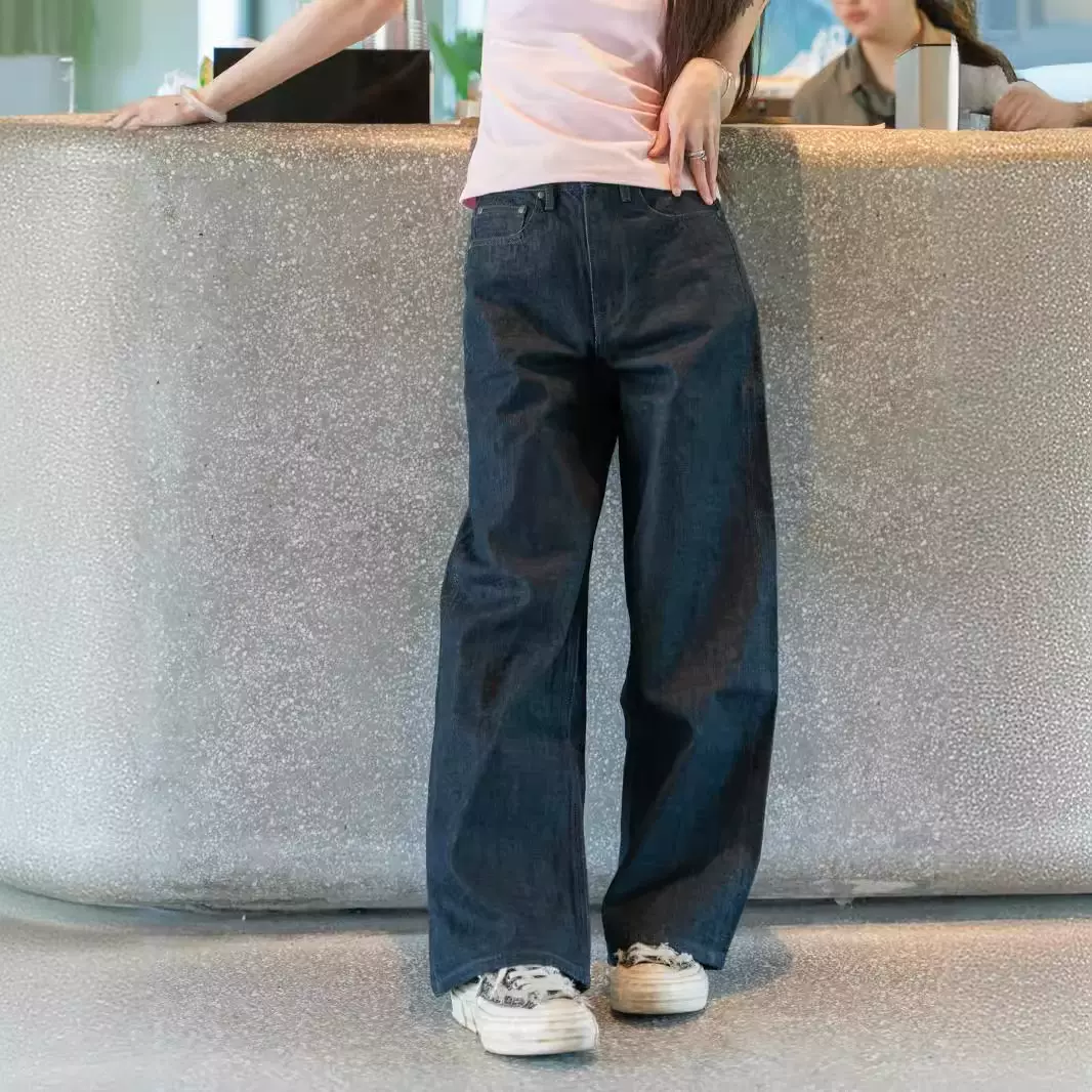 百搭复古显瘦修胯宽松深蓝原牛高腰直筒阔腿牛仔长裤女拖地裤3062