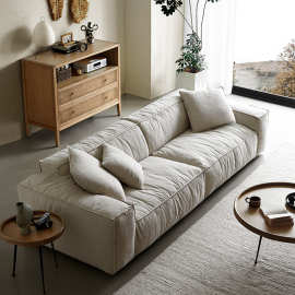 北欧侘寂风亚麻布艺沙发意式简约豆腐块组合三人位直排落地沙发