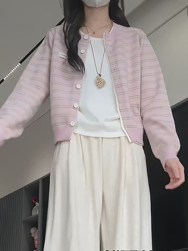韩系粉色条纹假两件针织开衫女宽松外搭毛衣外套女秋冬穿搭上衣|undefined