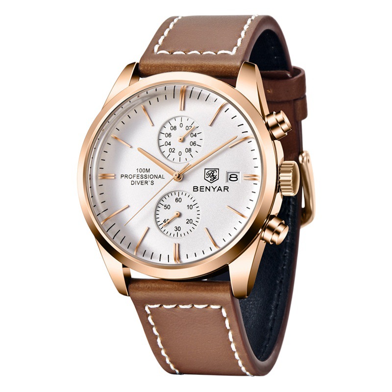 BENYAR Binya 5187 nuevo movimiento de cuarzo multifuncional correa de cuero reloj de calendario casual de negocios para hombres