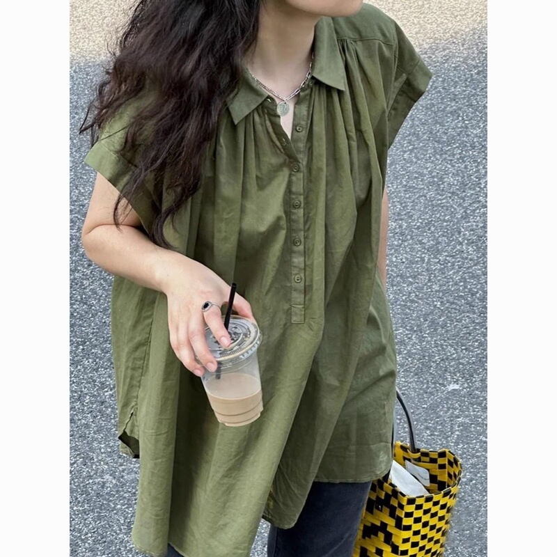 Plus Size 150kg Retro Hong Kong Style Fashionable Ruched Flutter Sleeve Shirt for Women, Loose Casual Shirt with a Unique Design