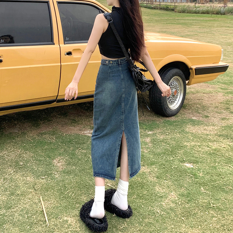 女性のためのハイウエストスリットデニムスカート 2025 新しい夏の小さな A ラインスカートレトロヒップカバーロングスカート|undefined
