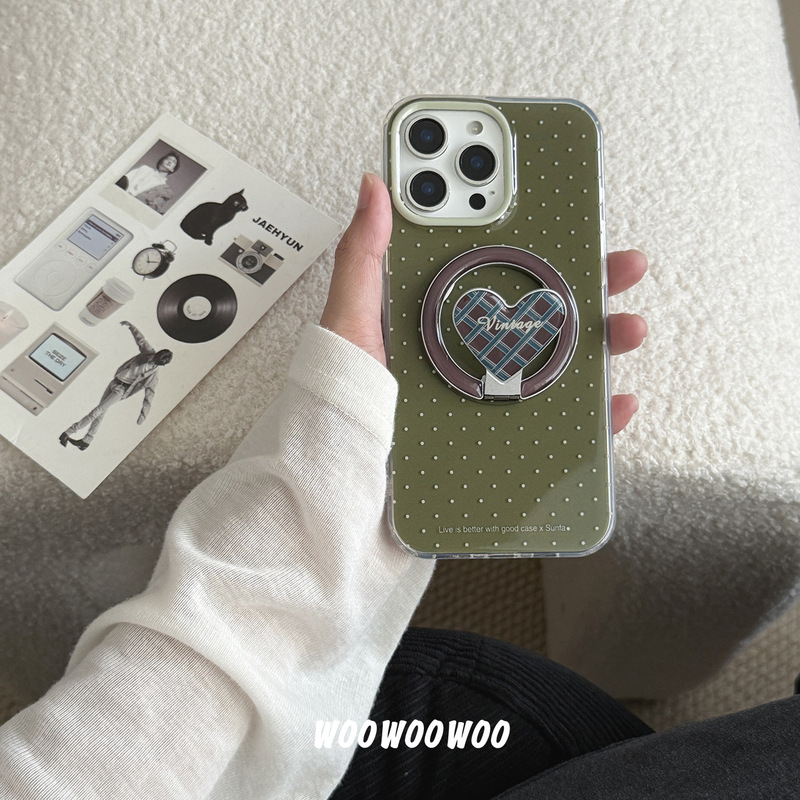 小众橄榄绿波点适用iPhone15promax苹果16手机壳14爱心磁吸支架13|undefined
