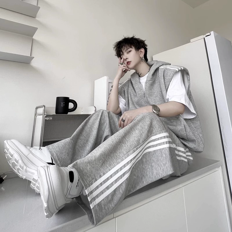 2025 летнее платье три стержня спортивный костюм мужской с капюшоном плечевые жилеты широкие брюки свободные повседневные два комплекта