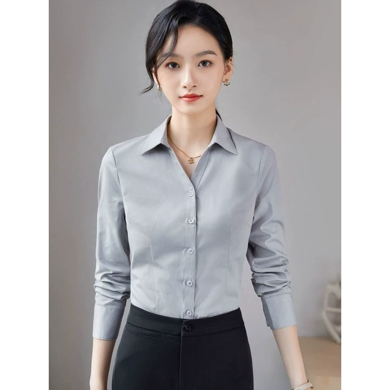 Эластичная светло-серая рубашка с длинными рукавами профессиональная рабочая одежда темпераментная рабочая одежда без глажения против морщин весенняя и осенняя рубашка с V-образным вырезом