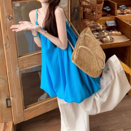 Korean-Style New Fashion Set Blue Pleated Tank Top and Loose Trousers Two-Piece Set for Women Summer Flowy Casual Pants