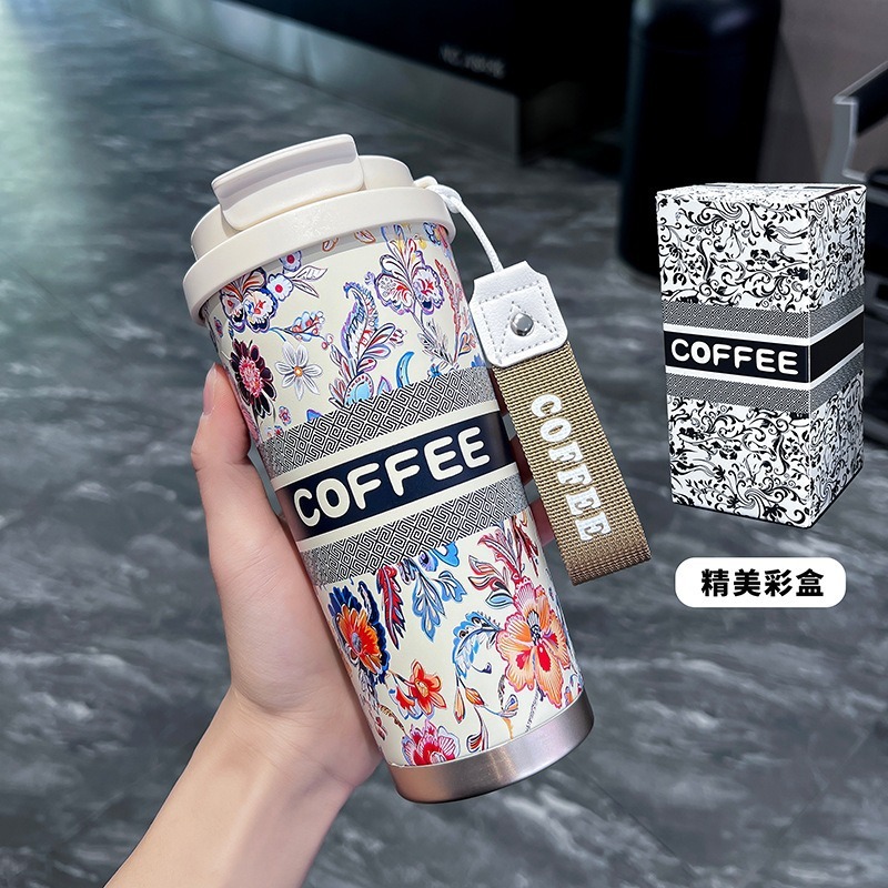 カスタマイズされたスズランコーヒーカップ、見栄えの良い316ステンレス鋼魔法瓶カップ、持ち運び用ロープ付き、屋外ポータブルストローカップ|undefined