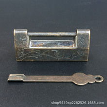 清代老铜锁纯铜老式挂锁古代铜锁复古横开木箱插销锁仿古锁头古玩