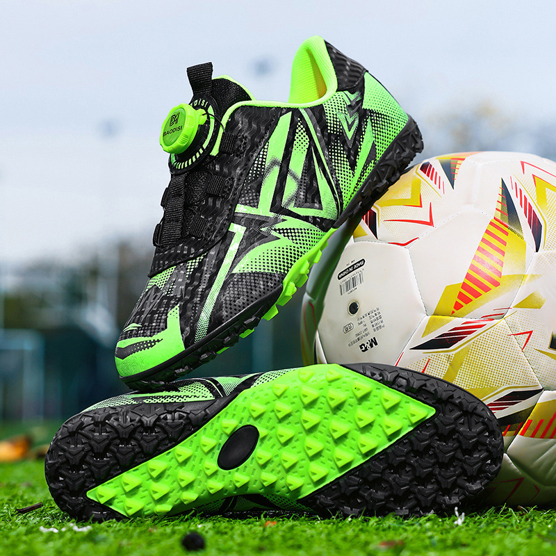 Zapatillas de Fútbol Infantiles con Botón Giratorio AG TF, Cuero Sintético, Ligero, para Terreno Firme