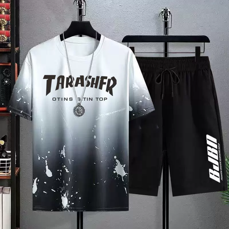 新款速干冰丝渐变套装男短袖t恤夏季休闲短裤运动两件套帅气男装