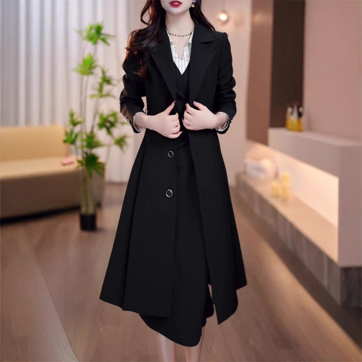 Autumn and Winter New High-End Casual Windbreaker Jacket for Women, Velvet and Thickened, Loose and Slim, Mid-Length Coat