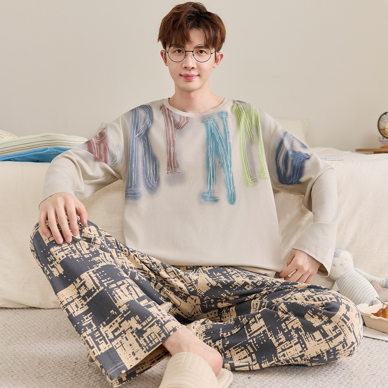 Teenagers' pajamas, men's spring and autumn long-sleeved pure cotton cartoon set, suitable for boys in middle and high school, and college students, for home wear, 2026 Teenagers' pajamas, men's spring and autumn long-sleeved pure cotton cartoon set, suitable for boys in middle and high school, and college students, for home wear, 2026