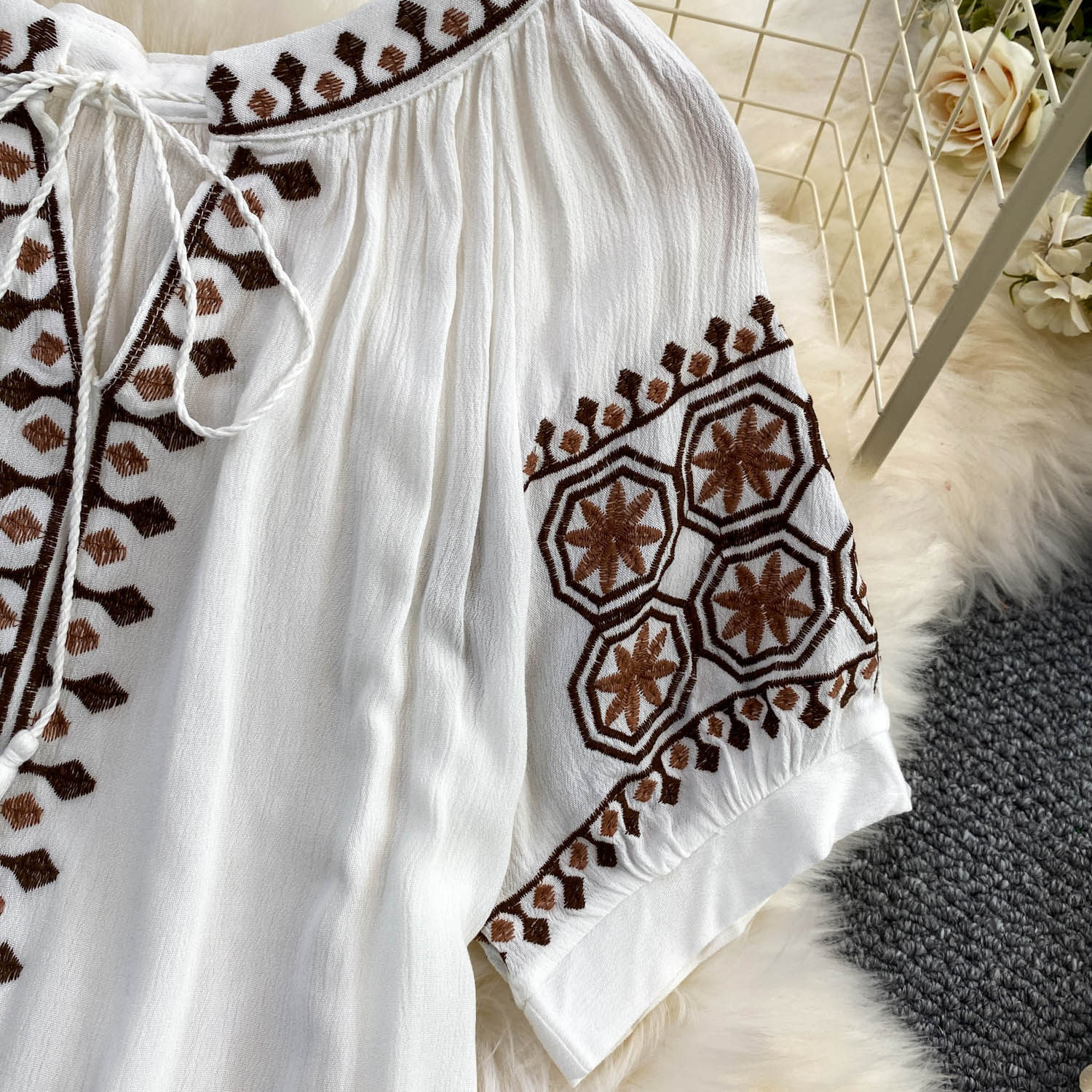 Women's Bohemian Style Sweet Embroidered Tie Neck Round Neck Mid Sleeve T-Shirt Summer Loose Fit Slimming Ethnic Retro Top_ecoleips.com
