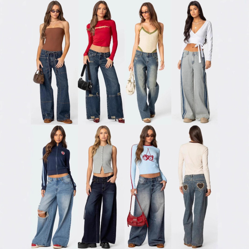 Cross-Border High Quality Cargo Jeans Women's Denim Straight Pants Wholesale Available
