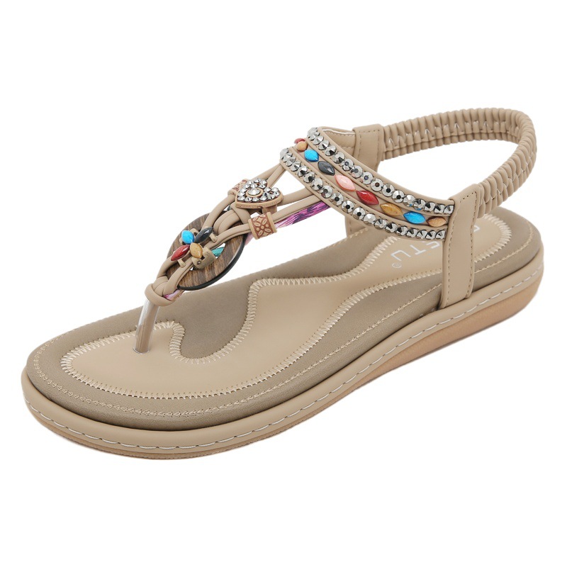 W676-2 Nuevas Sandalias Planas de Moda Casual Transfronterizas 2025 con Hebilla de Cuentas de Madera y Pedrería para Mujer, Playa de Tailandia