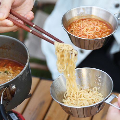 Outdoor 304 Stainless Steel Snow Bowl Picnic Camping Tableware Camping Snow Cup Folding Handle Coffee Hook Cup