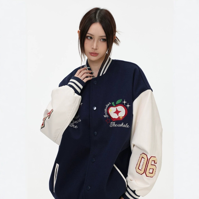 Apple color-blocked baseball jacket, American retro high street national trend brand jacket, comfortable outerwear for men and women Apple color-blocked baseball jacket, American retro high street national trend brand jacket, comfortable outerwear for men and women
