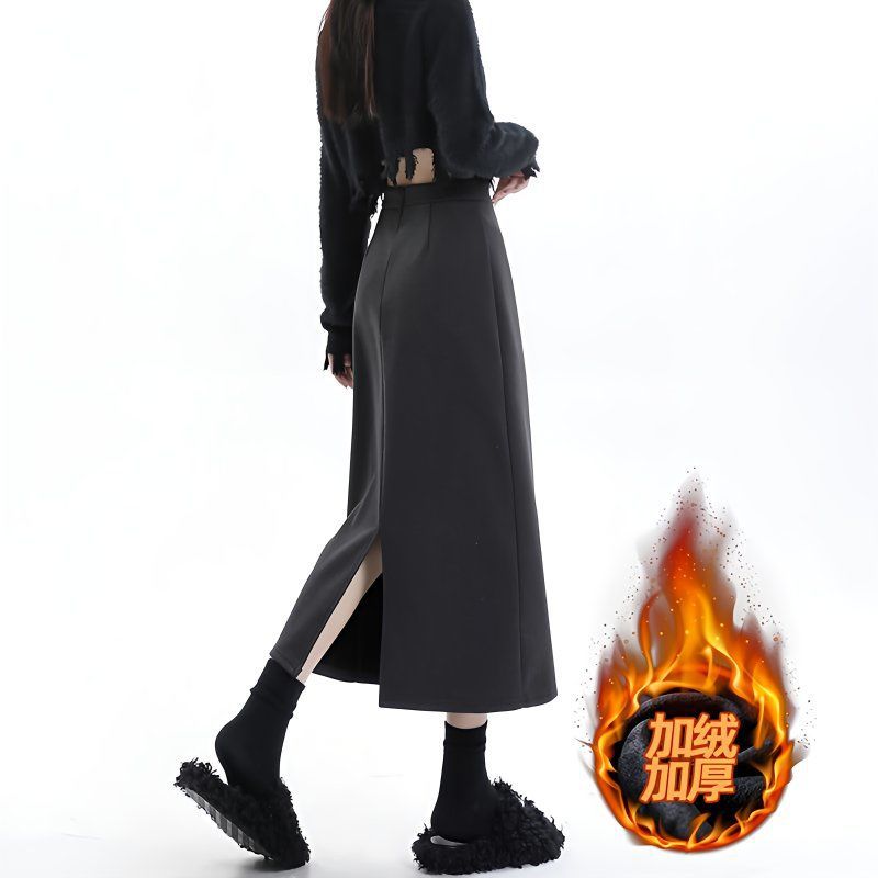 灰色后开叉毛呢裙女秋冬加绒高腰中长款包臀裙直筒显瘦A字半身裙