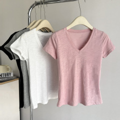 外国貿易実写正肩vネック半袖tシャツ女性夏修身韓国版竹節綿純色シンプル半袖上着