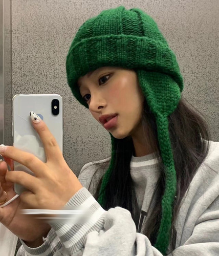 Ins Korean Autumn/Winter Warm Pure Color Knitted Wool Ear Hat, Versatile Cute Hooded Hat for Girls and Boys, Retro Cold Hat
