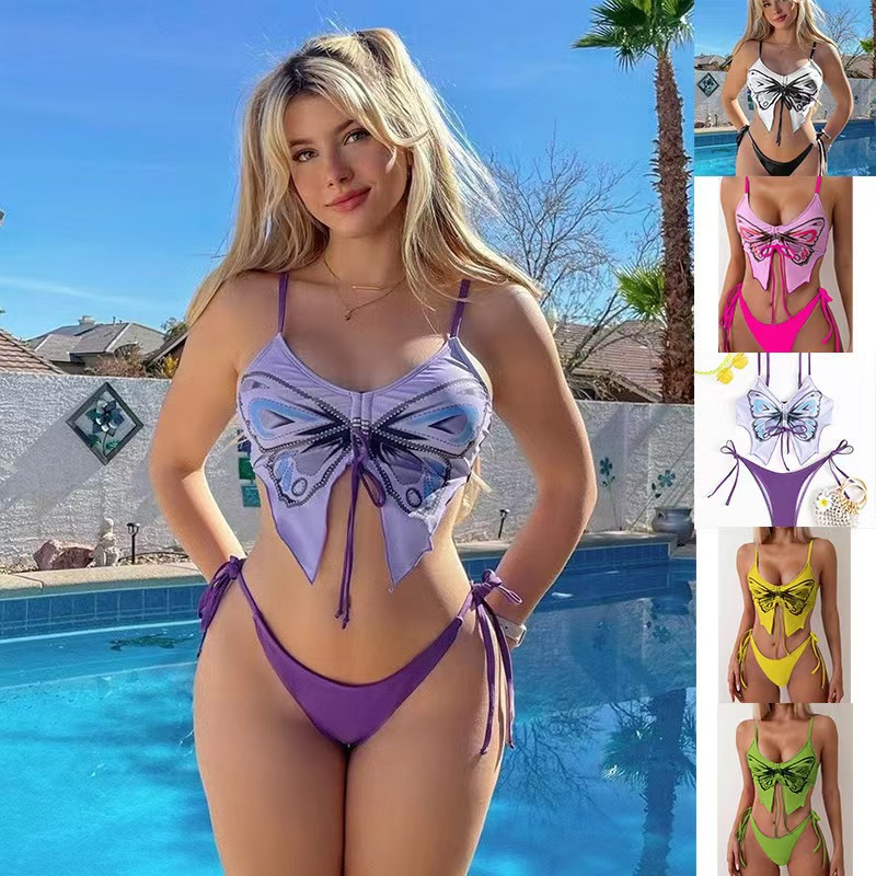 Foreign Trade New Sexy Bikini for Women Amazon Popular Butterfly Print Push-Up Beach Vacation Split Swimsuit for Women