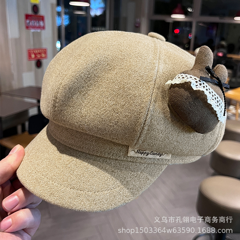可爱卡通蕾丝兔子八角帽子女秋冬时尚保暖毛呢报童帽显脸小鸭舌帽|undefined
