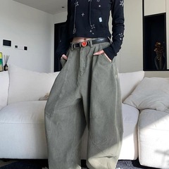大きいサイズのアメリカのレトロな郭の形の曲がった刀のジーパンの女性の春の新型のゆったりしている腰のまっすぐな筒のカジュアルなモップのズボン