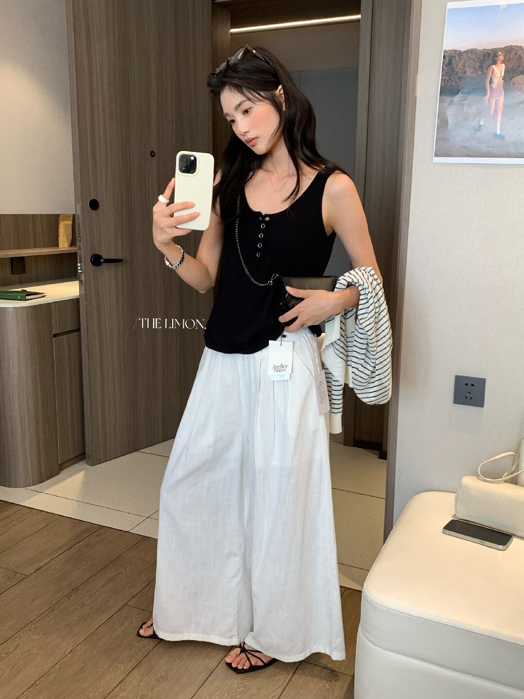 Quần ống rộng nữ vải linen phối cotton dáng suông mùa hè — Xám gạo, Xanh xám nhạt, Xanh đen, Cam bí ngô chi tiết 72