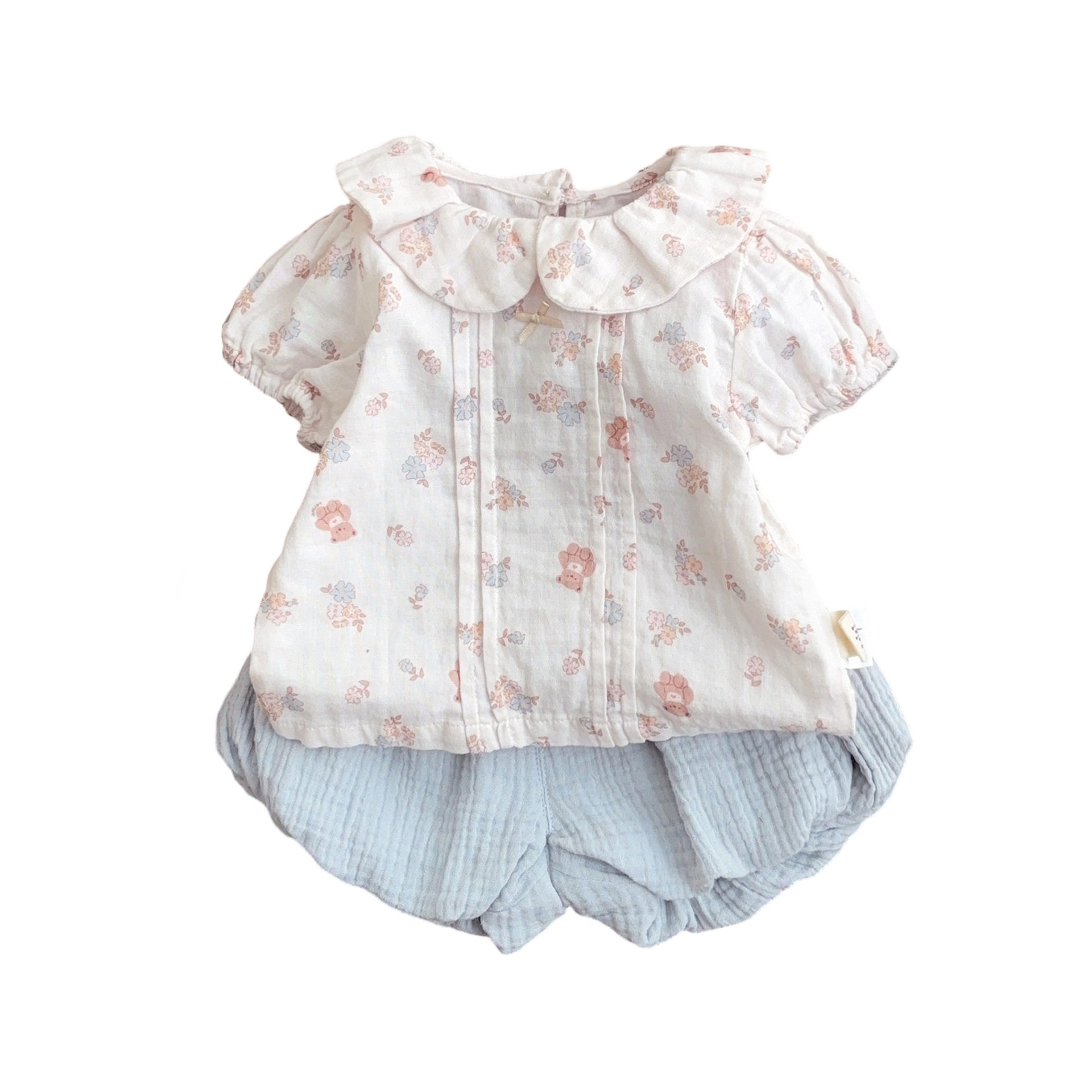 Youhe 2025 estilo de verano bebé coreano cuello de muñeca manga corta top floral color sólido bombachos tesoro femenino traje de dos piezas