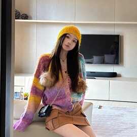UNMUN彩色条纹针织毛衣开衫女小众时尚撞色针织上衣女潮加
