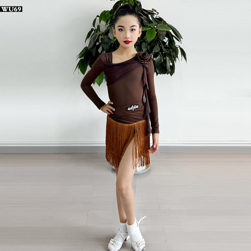 舞陆玖秋季新款少儿拉丁舞女练功服长袖网纱分体流苏长裙演出套装