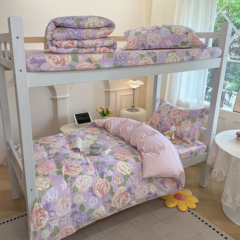 Juego de cama de dormitorio de estudiantes universitarios de tres piezas de algodón puro algodón lavado de algodón sábana individual funda de edredón juego de cama de cuatro piezas