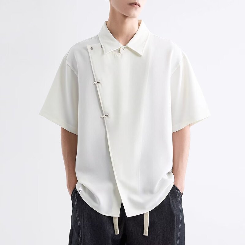 New Chinese-Style Asymmetrical Shirt 2025 Summer New Men's Trendy Brand National Style Design Casual Short-Sleeve Top New Chinese-Style Asymmetrical Shirt 2025 Summer New Men's Trendy Brand National Style Design Casual Short-Sleeve Top