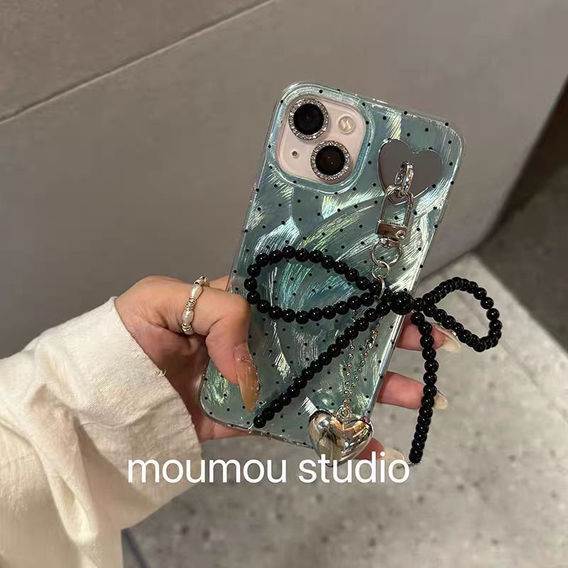 小眾設計簡約甜美珍珠蝴蝶結銀愛心吊墜車鑰匙扣airpods掛件包包