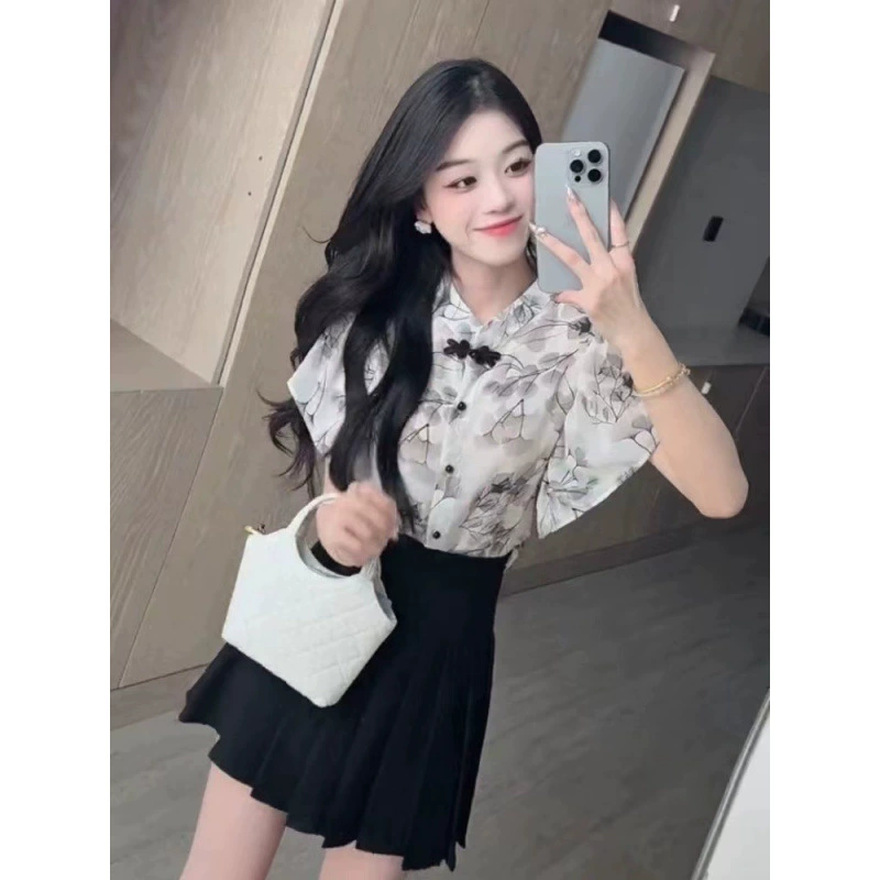 Новый китайский стиль с чернилами и принтом темпераментная рубашка женская летняя новая уникальная красивая маленькая рубашка шифоновый топ