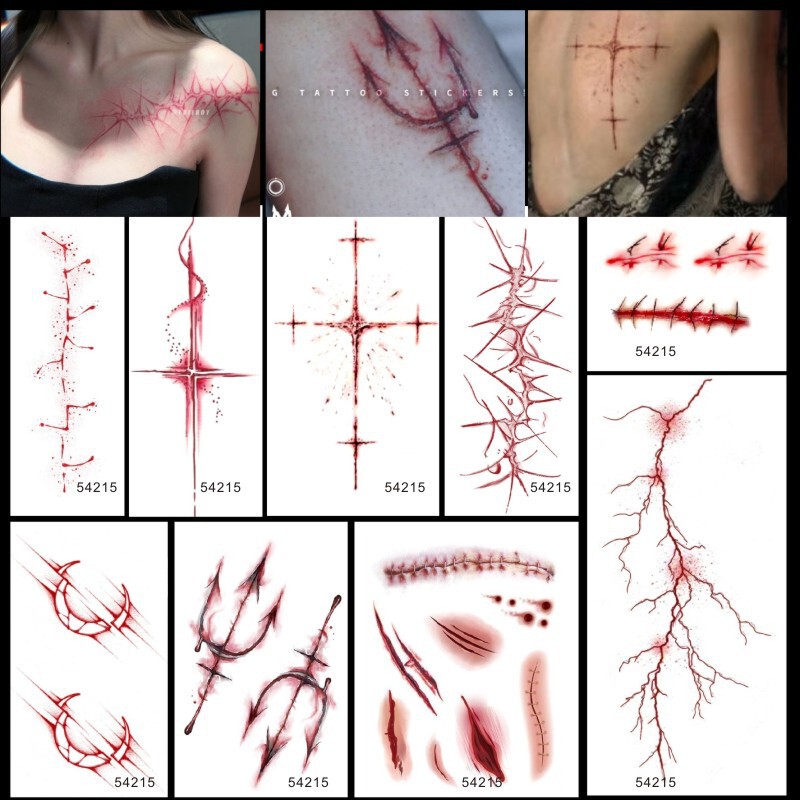 Halloween Cross Simulation Fake Scar Sticker Tattoo Sticker Waterproof Lasting Scar Faith COS Zombie Horror