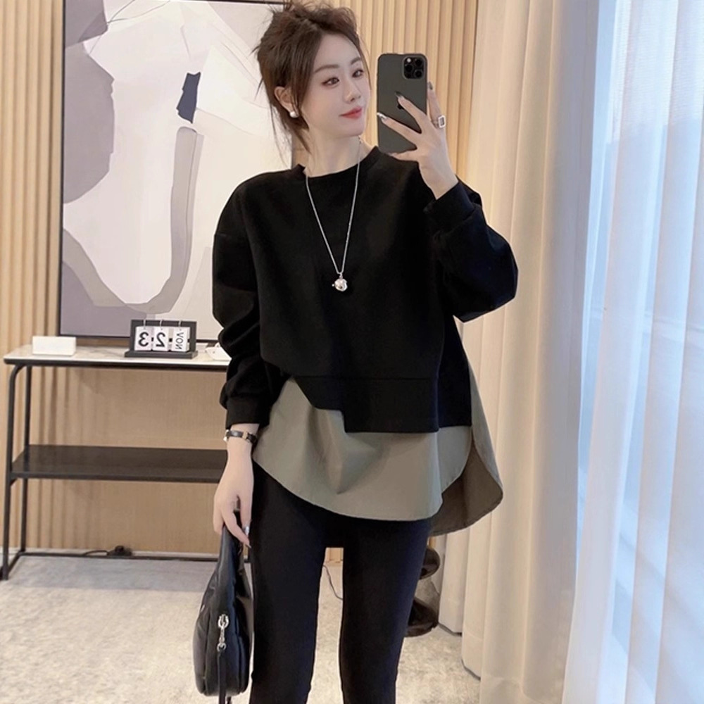 Cross-Border Plus-Size Women's Autumn Mid-Length Faux Two-Piece Tummy-Concealing Slimming Sweatshirt Loose Top for Plus-Size Women 150kg