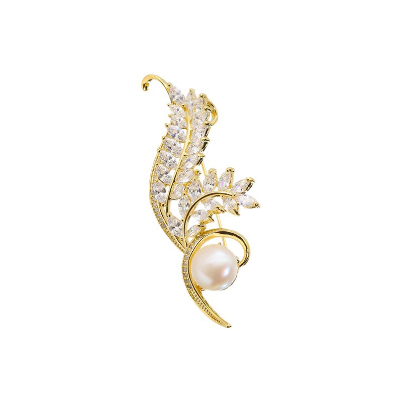 Exquisito broche de perlas naturales espigas de trigo diamante pin anti-luz ramillete atmósfera simple Joker hembra