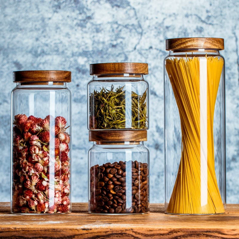 Деревянная крышка акации стеклянная чайная банка зерновые банки для хранения зерна