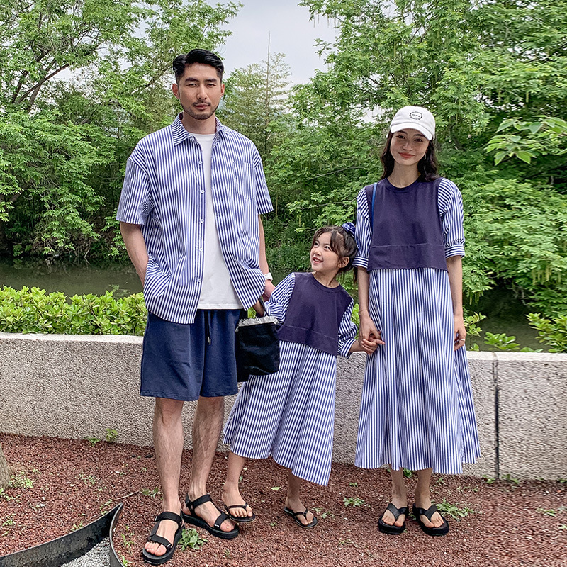 Striped Patchwork Shirt Dress Family Outfit 2026 New Korean Style Trendy Parent-Child Matching Outfits for a Family of Three or Four Striped Patchwork Shirt Dress Family Outfit 2026 New Korean Style Trendy Parent-Child Matching Outfits for a Family of Three or Four