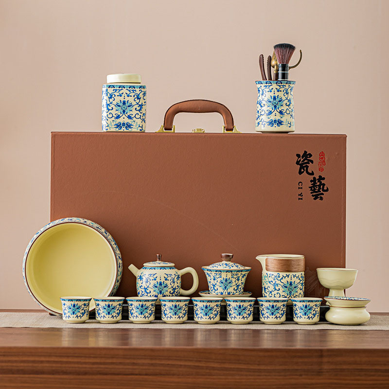 青花汝窑尼耳功夫茶具套装珐琅彩缠枝莲陶瓷盖碗泡茶神器送礼logo