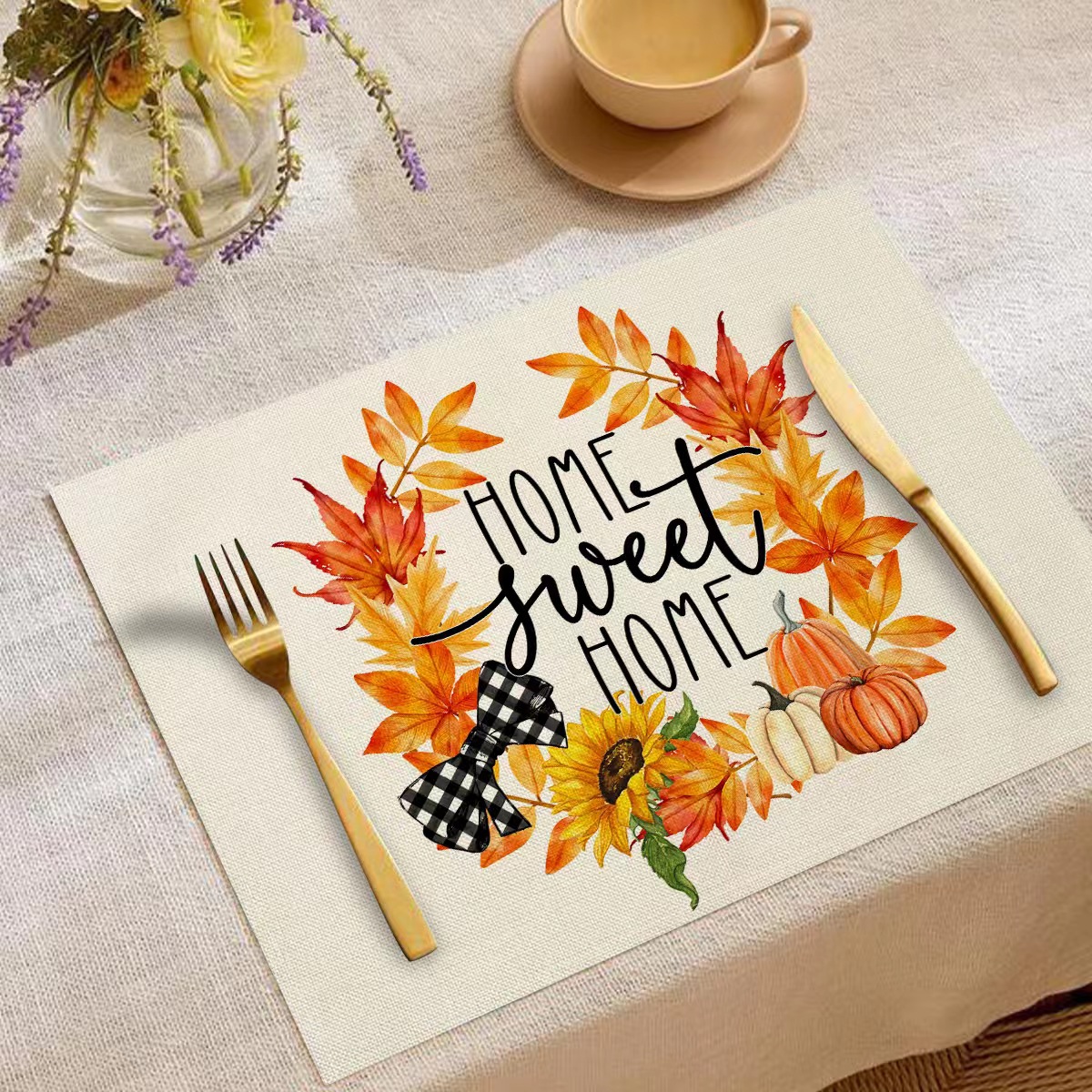 Transfronterizo temu explosión Día de Acción de Gracias otoño calabaza lino estampado conjunto lino estampado mesa de restaurante