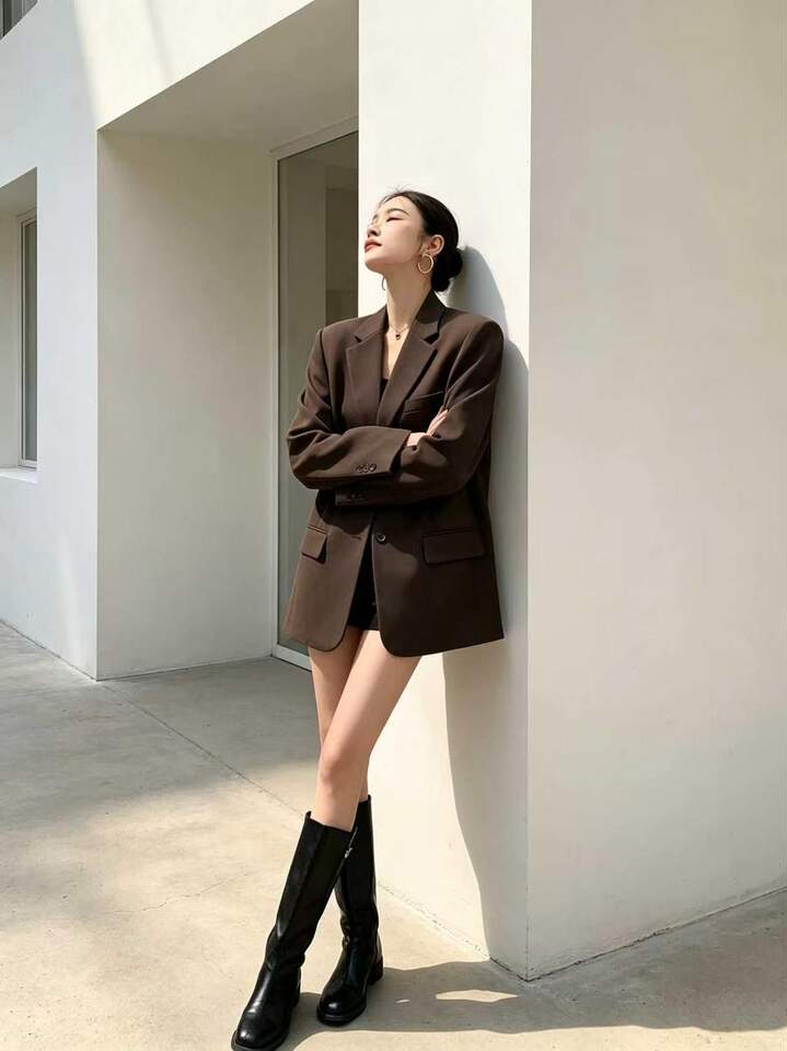 Áo blazer nữ dáng suông cổ vest hai nút tay dài phong cách Hàn Quốc — Màu đen [mẫu chất lượng cao], Nâu, màu xanh đậm, màu xám đậm chi tiết 31