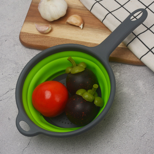 Long handle round drain basket kitchen vegetable drain basket multi-functional foldable telescopic drain basket vegetable fruit basket