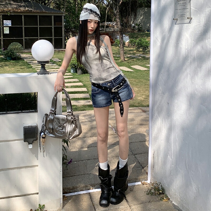 【Ar】American-Style Dark Blue Retro Low-Waist Denim Shorts for Women, Summer Tight-Fitting Stretchy Slimming Hot Pants