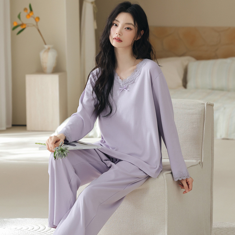 New Spring/Autumn 100% Cotton Skin-Friendly Women's Pajamas, Long Sleeve and Pants, Comfortable V-Neck Lace Trim Homewear Set