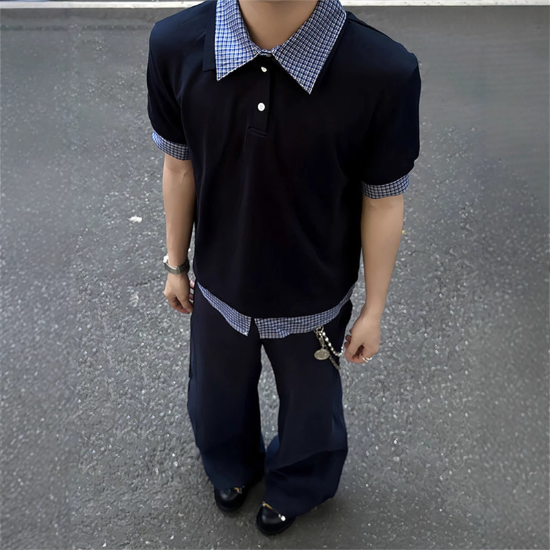 American Style Retro Fake Two-Piece Polo Shirt Men's Summer College Style Plaid Short-Sleeved Shirt cleanfit Shoulder T-Shirt