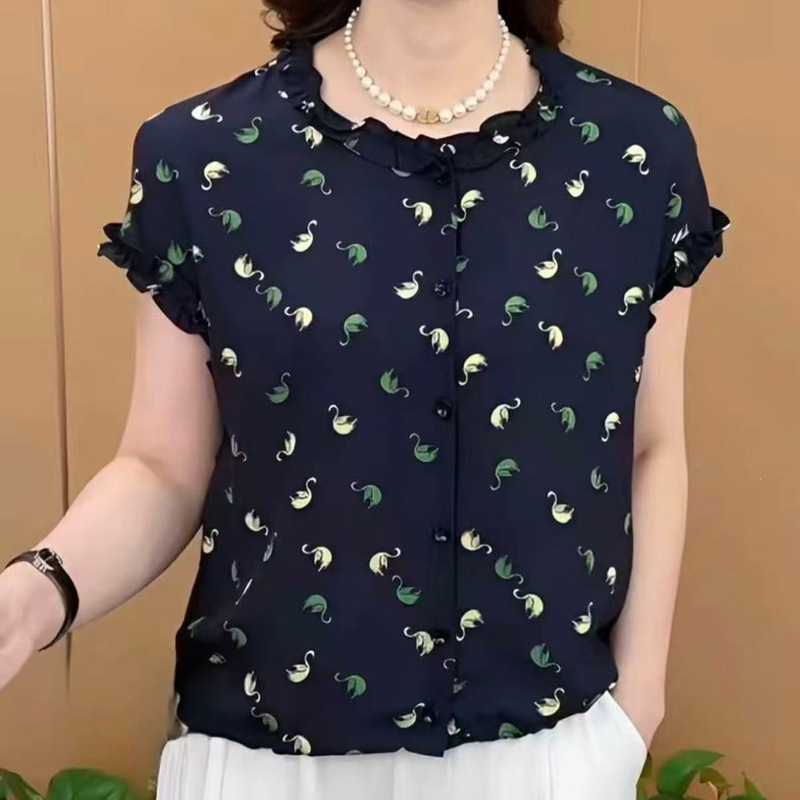(No Drawstring) Summer Short-Sleeved Top with Fashionable Lace Collar, Breathable Casual Plus-Size Women's Clothing for Moms, Swan Other