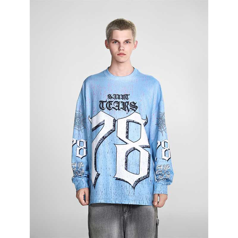 Saint Michael Denim Ripped Full Digital 3D Printed Trendy Brand Long-Sleeved Vintage American Autumn and Winter Loose T-Shirt